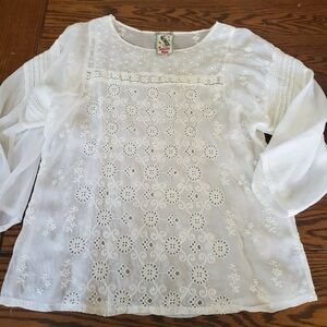 Johnny Was White Embroidered Sheer Eyelet Bib Collar Blouse XS (oversized)